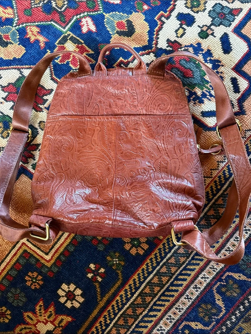 Embossed Brown Leather Backpack - American Vintage Style